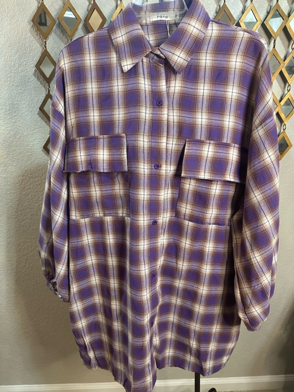 NWT Fate Purple and Cream Plaid Button-Down Shirt OVERSIZED-Fits Plus